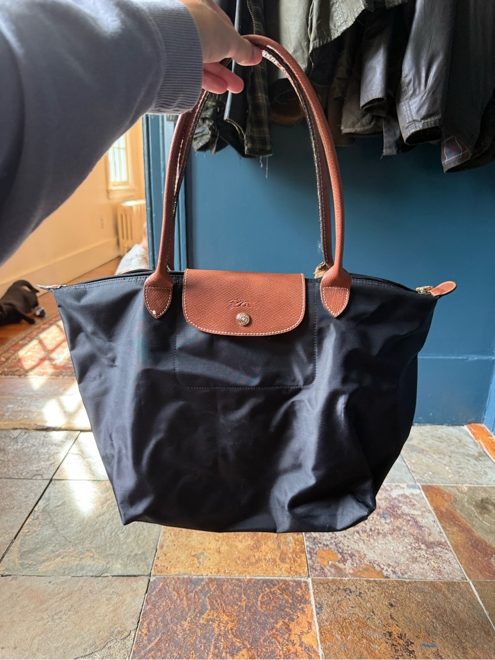 Longchamp Le Pliage Medium Nylon Tote - Black with Brown Leather Trim